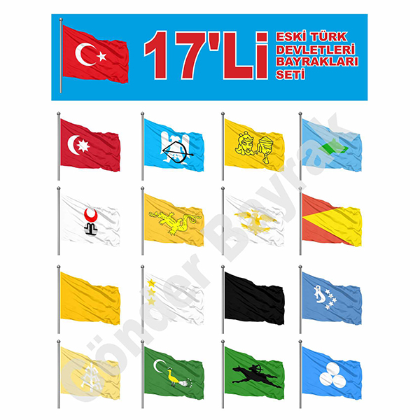 17'Li - 27'Li Eski Türk Devletleri Sopalı Bayrak Seti